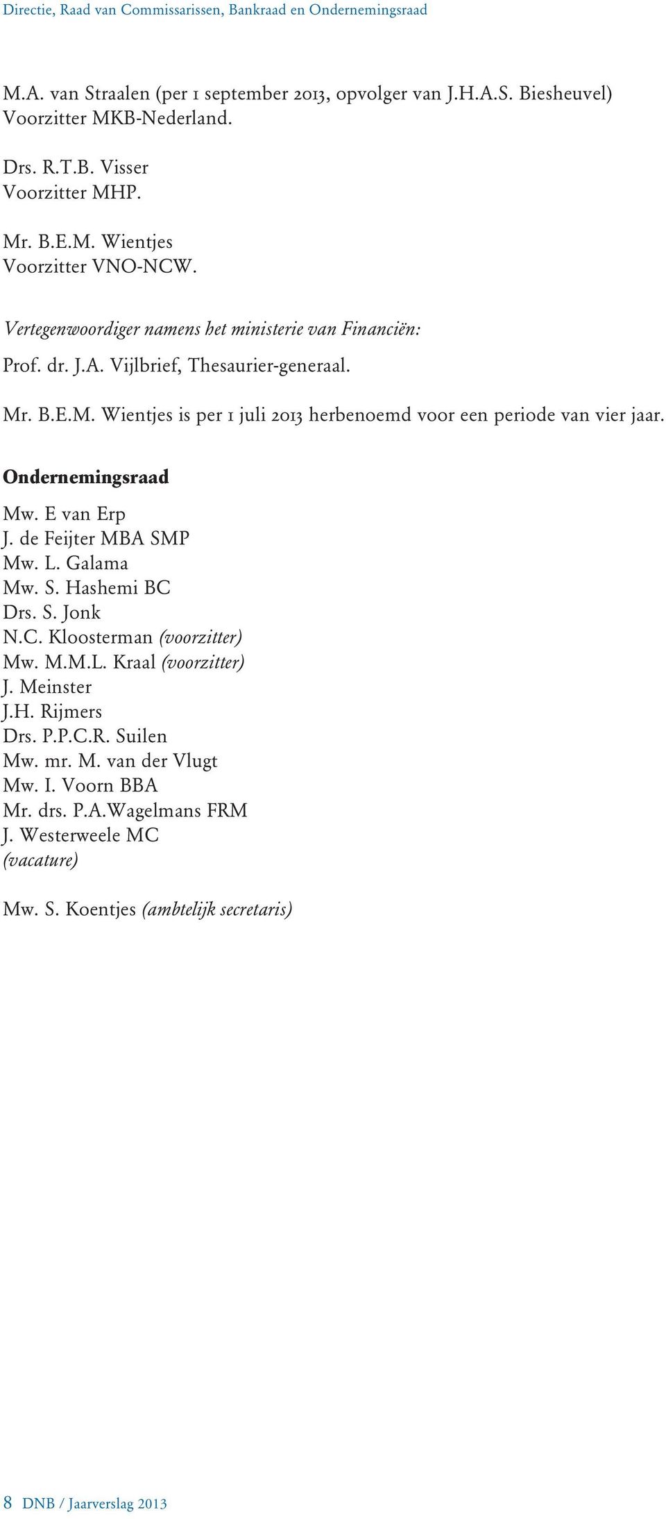 Ondernemingsraad Mw. E van Erp J. de Feijter MBA SMP Mw. L. Galama Mw. S. Hashemi BC Drs. S. Jonk N.C. Kloosterman (voorzitter) Mw. M.M.L. Kraal (voorzitter) J. Meinster J.H. Rijmers Drs. P.P.C.R. Suilen Mw.