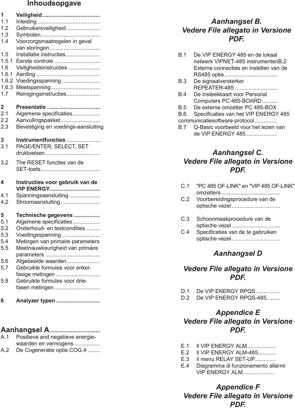 .. 3.1E/ENTER, LECT, T druktoetsen... 3.2 The RET functies van de T-toets... 4 Instructies voor gebruik van de VIP ENERGY... 4.1Spanningsaansluiting... 4.2 Stroomaansluiting... 5 Technische gegevens.