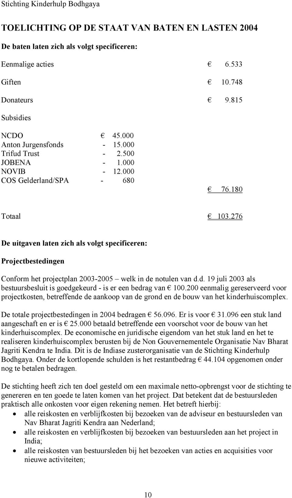 276 De uitgaven laten zich als volgt specificeren: Projectbestedingen Conform het projectplan 2003-2005 welk in de notulen van d.d. 19 juli 2003 als bestuursbesluit is goedgekeurd - is er een bedrag van 100.