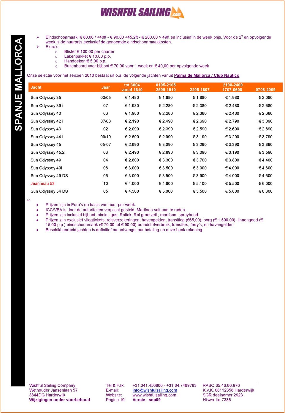 a. de volgende jachten vanuit Palma de Mallorca / Club Nautico Jacht Jaar tot 3004 vanaf 1610 0105-2105 2509-1510 2205-1607 2108-2409 1707-0608 0708-2009 Sun Odyssey 35 03/05 1.480 1.680 1.880 1.