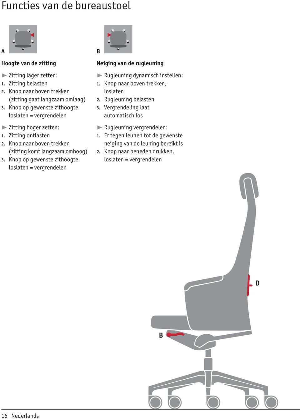Knop op gewenste zithoogte loslaten = vergrendelen B Neiging van de rugleuning Rugleuning dynamisch instellen: 1. Knop naar boven trekken, loslaten 2.