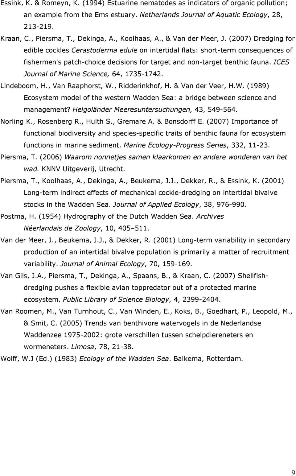 (2007) Dredging for edible cockles Cerastoderma edule on intertidal flats: short-term consequences of fishermen's patch-choice decisions for target and non-target benthic fauna.