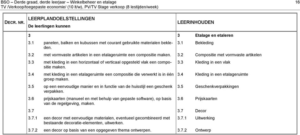 3 met kleding in een horizontaal of verticaal opgesteld vlak een compositie maken. 3.4 met kleding in een etalageruimte een compositie die verwerkt is in één groep maken. 3.5 op een eenvoudige manier en in functie van de huisstijl een geschenk verpakken.