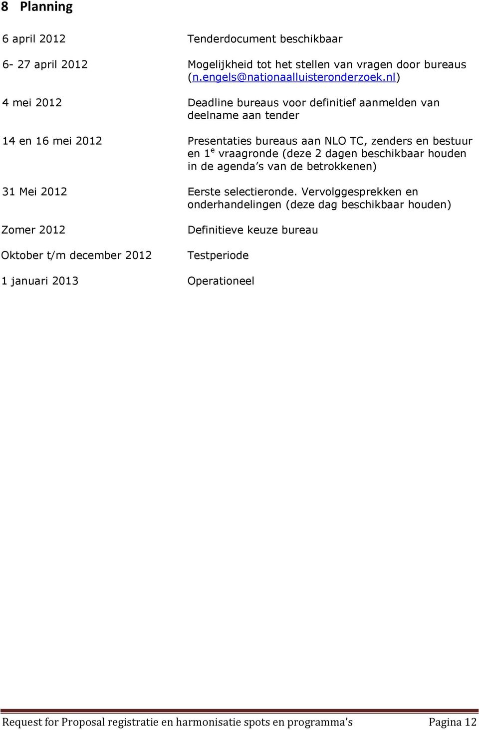 (deze 2 dagen beschikbaar houden in de agenda s van de betrokkenen) 31 Mei 2012 Eerste selectieronde.