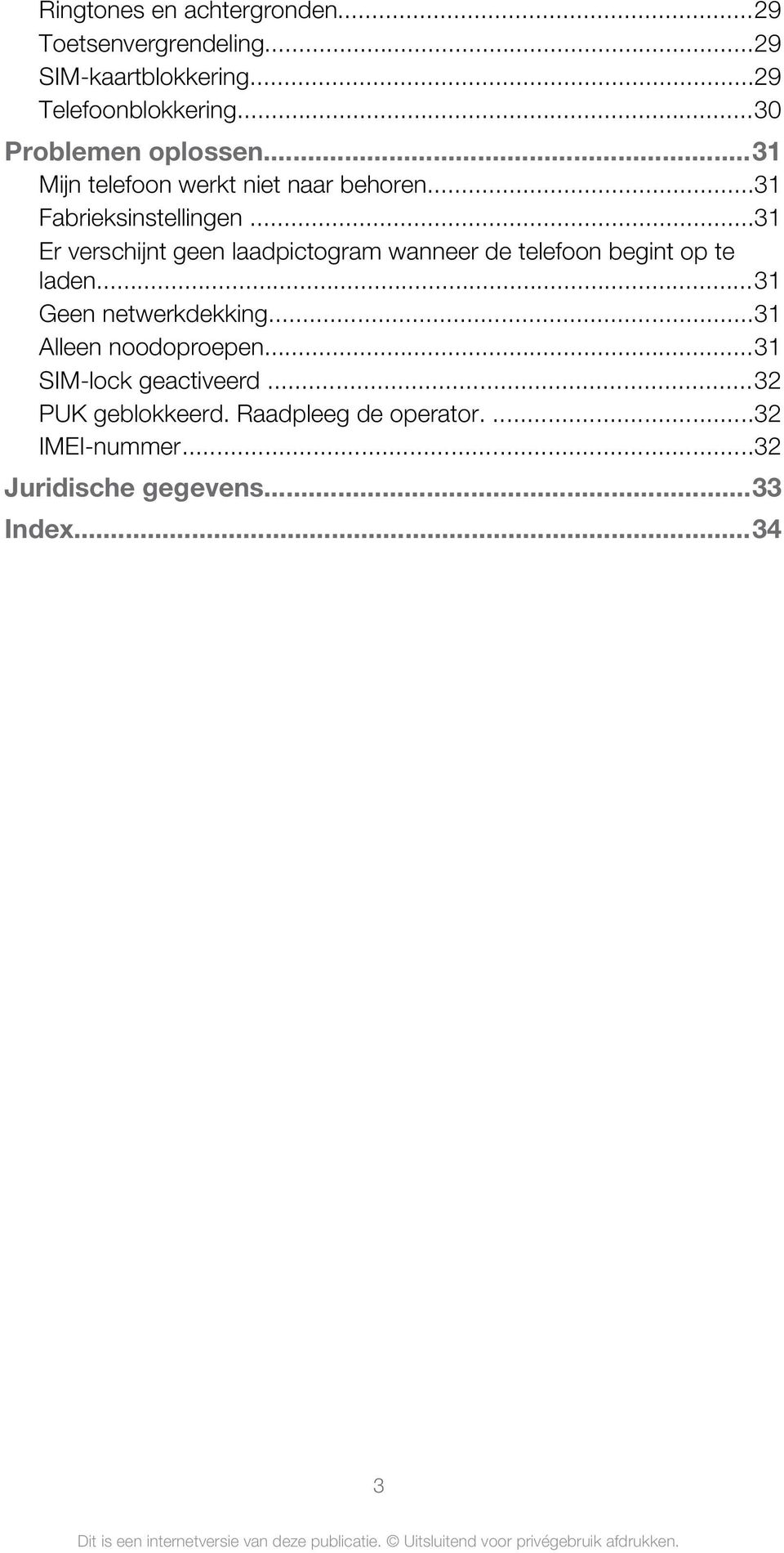 ..31 Er verschijnt geen laadpictogram wanneer de telefoon begint op te laden...31 Geen netwerkdekking.