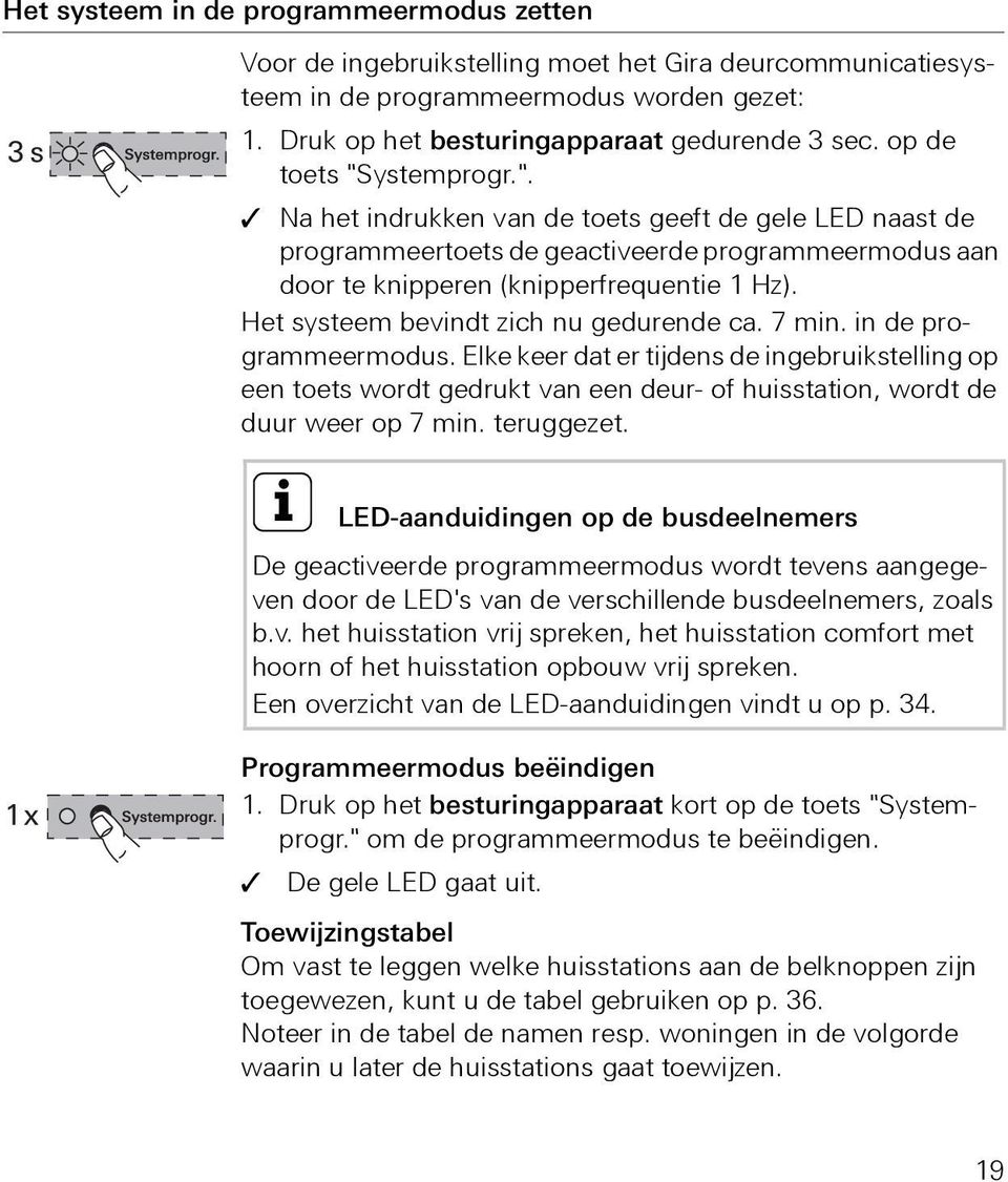 Het systeem bevindt zich nu gedurende ca. 7 min. in de programmeermodus.