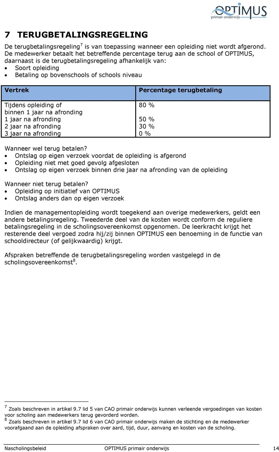 Vertrek Percentage terugbetaling Tijdens opleiding of 80 % binnen 1 jaar na afronding 1 jaar na afronding 50 % 2 jaar na afronding 30 % 3 jaar na afronding 0 % Wanneer wel terug betalen?