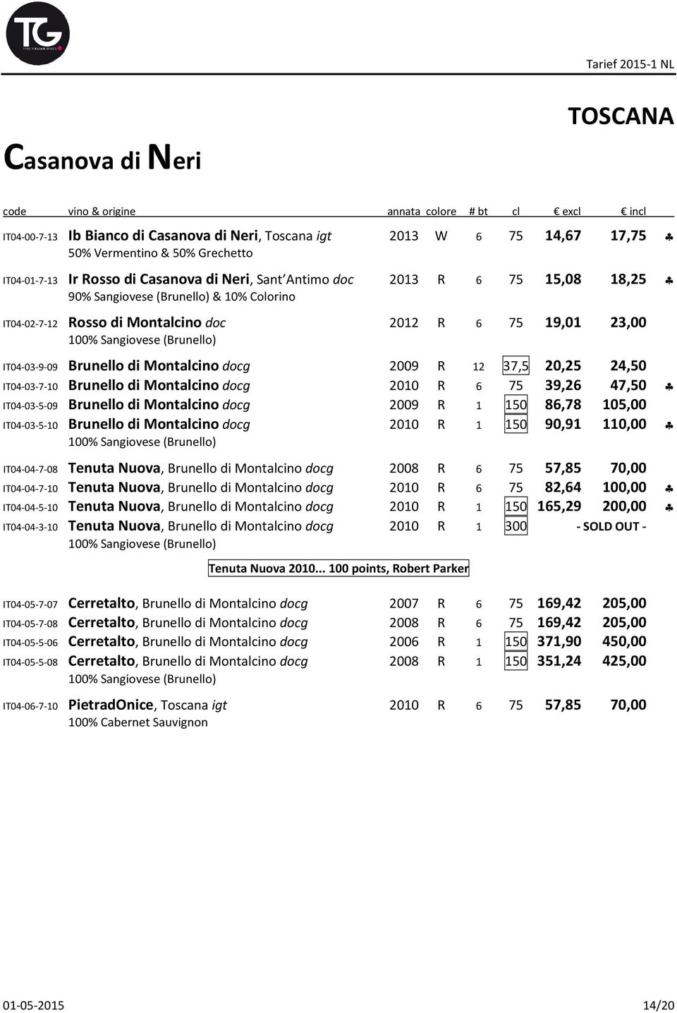 37,5 20,25 24,50 IT04-03-7-10 Brunello di Montalcino docg 2010 R 6 75 39,26 47,50 IT04-03-5-09 Brunello di Montalcino docg 2009 R 1 150 86,78 105,00 IT04-03-5-10 Brunello di Montalcino docg 2010 R 1