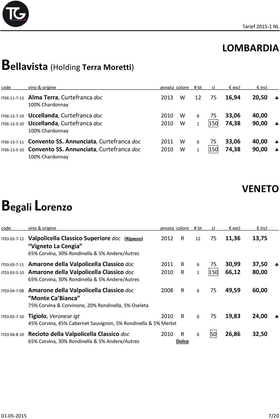 Annunciata, Curtefranca doc 2010 W 1 150 74,38 90,00 100% Chardonnay Begali Lorenzo VENETO IT03-02-7-12 Valpolicella Classico Superiore doc (Ripasso) 2012 R 12 75 11,36 13,75 Vigneto La Cengia 65%
