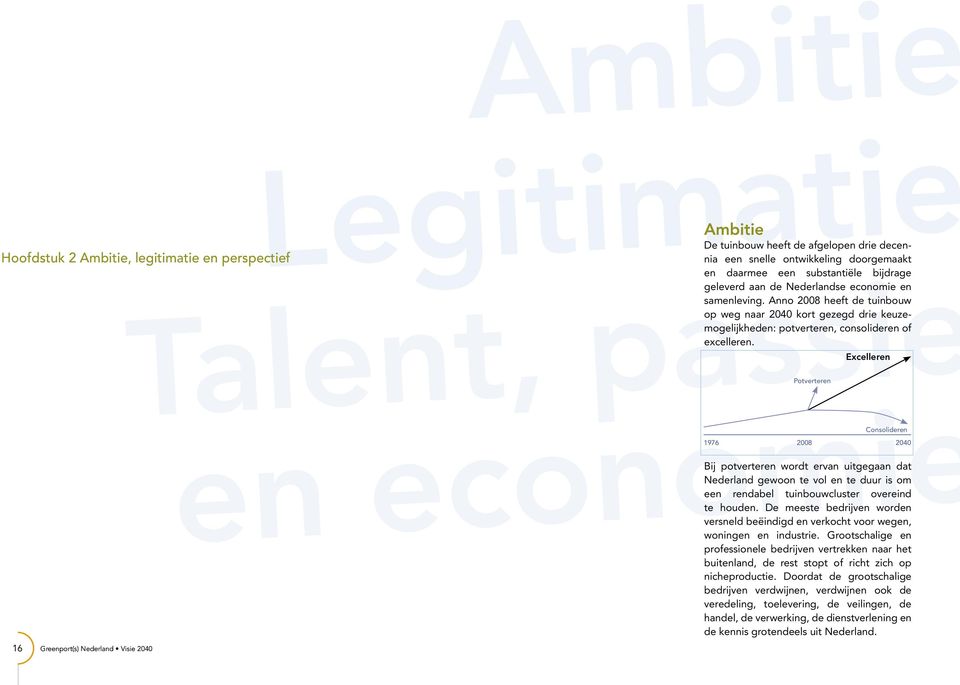 Potverteren Excelleren Consolideren 1976 2008 2040 Bij potverteren wordt ervan uitgegaan dat Nederland gewoon te vol en te duur is om een rendabel tuinbouwcluster overeind te houden.