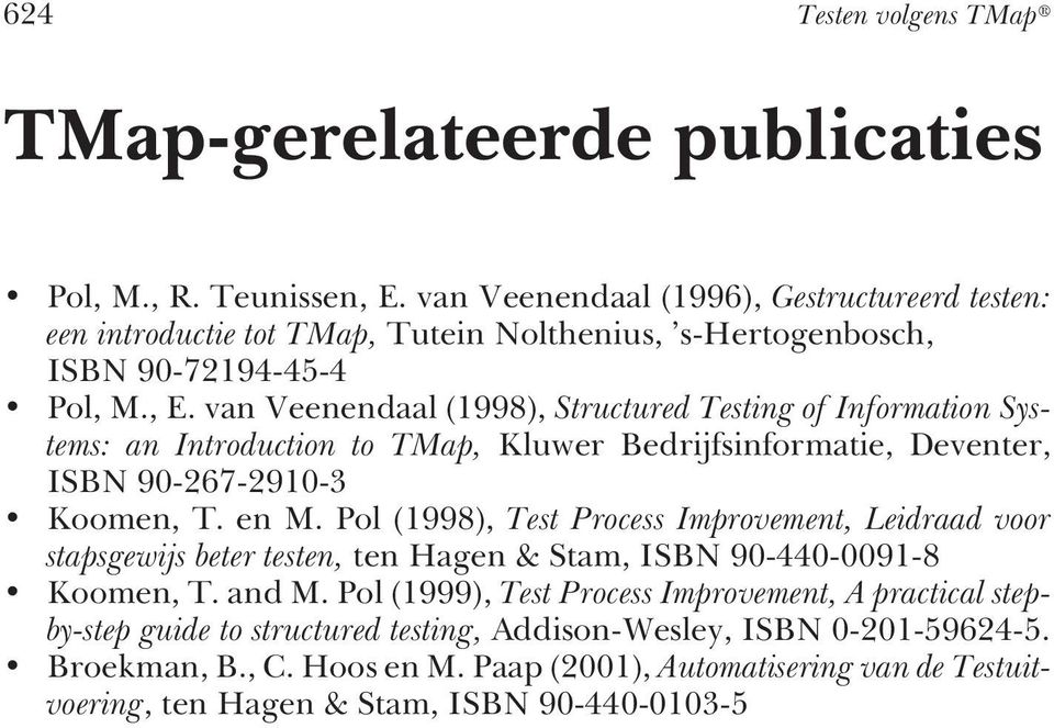 van Veenendaal (1998), Structured Testing of Information Systems: an Introduction to TMap, Kluwer Bedrijfsinformatie, Deventer, ISBN 90-267-2910-3 Koomen, T. en M.