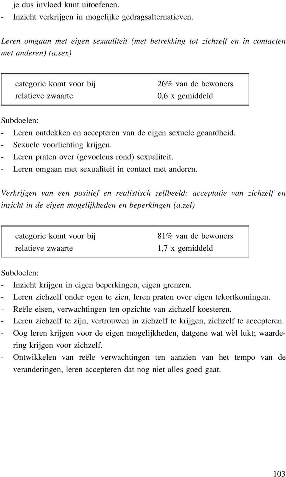 - Leren omgaan met sexualiteit in contact met anderen. Verkrijgen van een positief en realistisch zelfbeeld: acceptatie van zichzelf en inzicht in de eigen mogelijkheden en beperkingen (a.