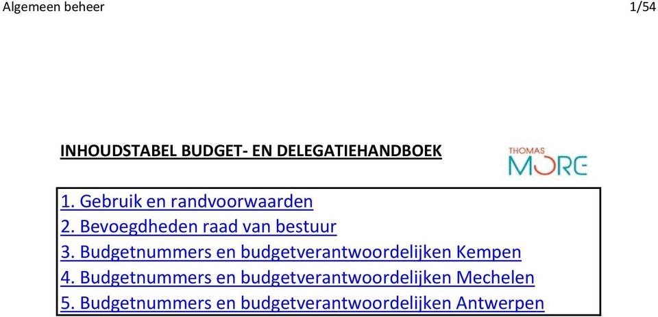 Budgetnummers en budgetverantwoordelijken Kempen 4.