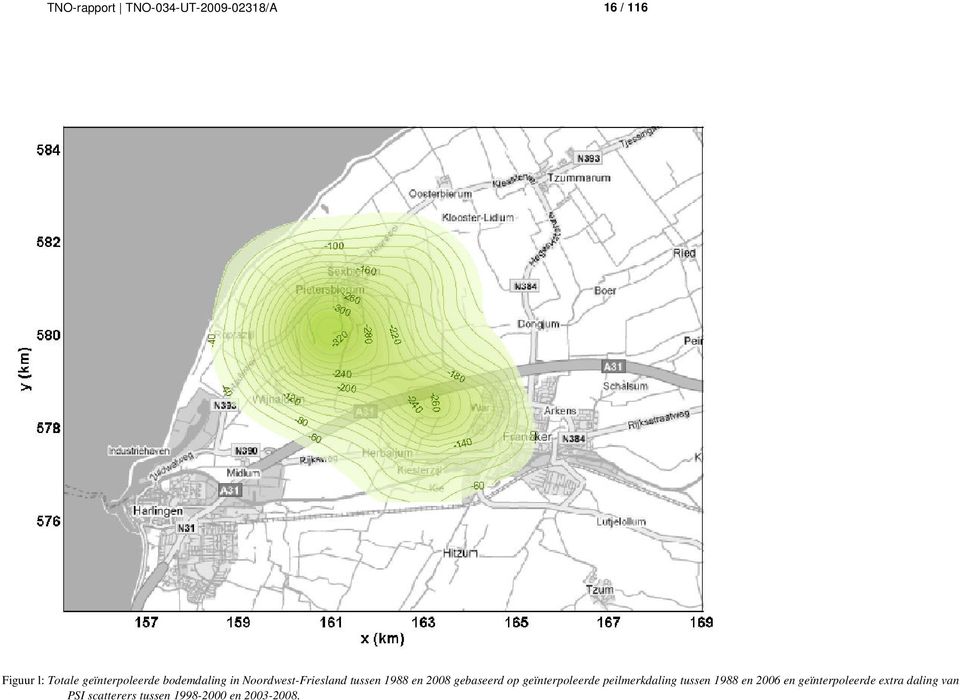 2008 gebaseerd op geïnterpoleerde peilmerkdaling tussen 1988 en 2006