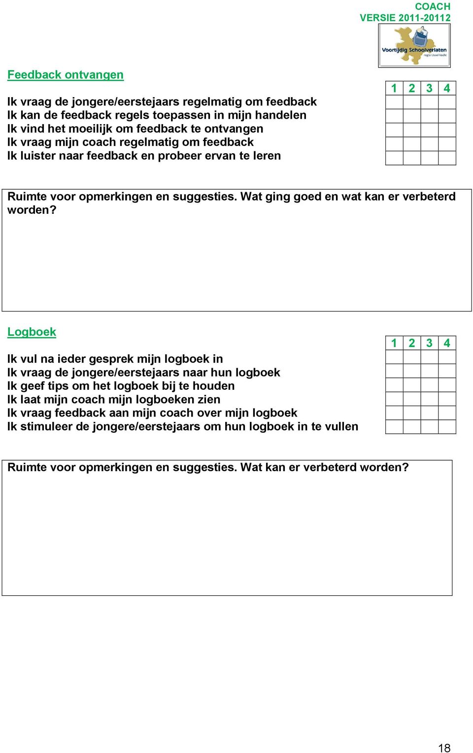 Logboek Ik vul na ieder gesprek mijn logboek in Ik vraag de jongere/eerstejaars naar hun logboek Ik geef tips om het logboek bij te houden Ik laat mijn coach mijn logboeken zien Ik