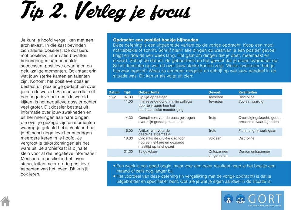 Kortom: het positieve dossier bestaat uit plezierige gedachten over jou en de wereld. Bij mensen die met een negatieve bril naar de wereld kijken, is het negatieve dossier echter veel groter.