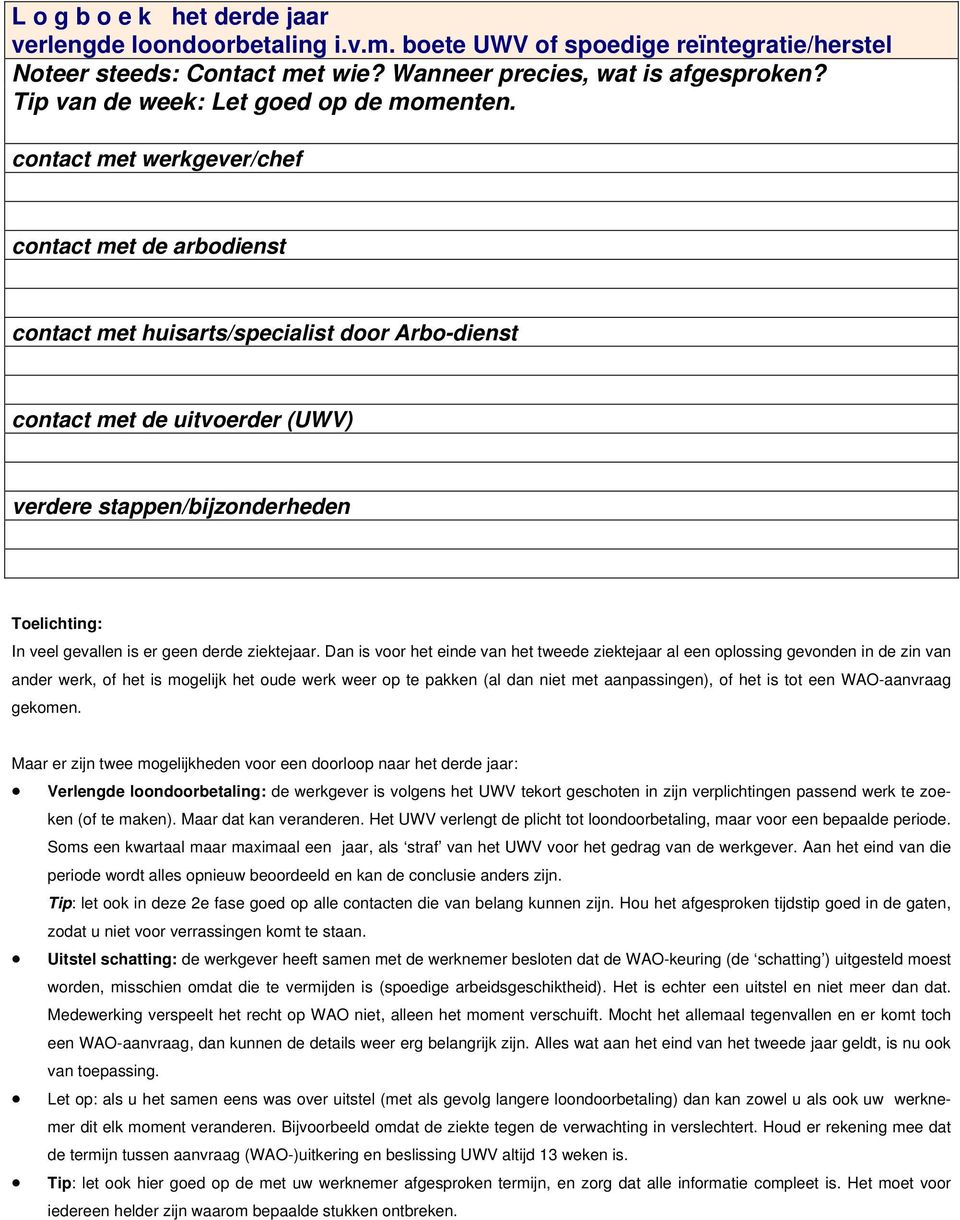 contact met werkgever/chef contact met de arbodienst contact met huisarts/specialist door Arbo-dienst verdere stappen/bijzonderheden Toelichting: In veel gevallen is er geen derde ziektejaar.