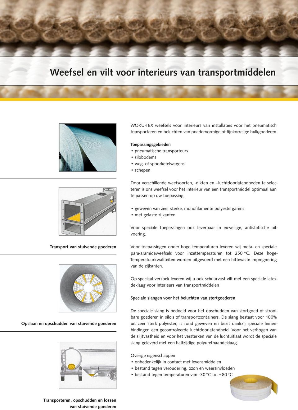 Toepassingsgebieden pneumatische transporteurs silobodems weg- of spoorketelwagens schepen Door verschillende weefsoorten, -dikten en luchtdoorlatendheden te selecteren is ons weefsel voor het