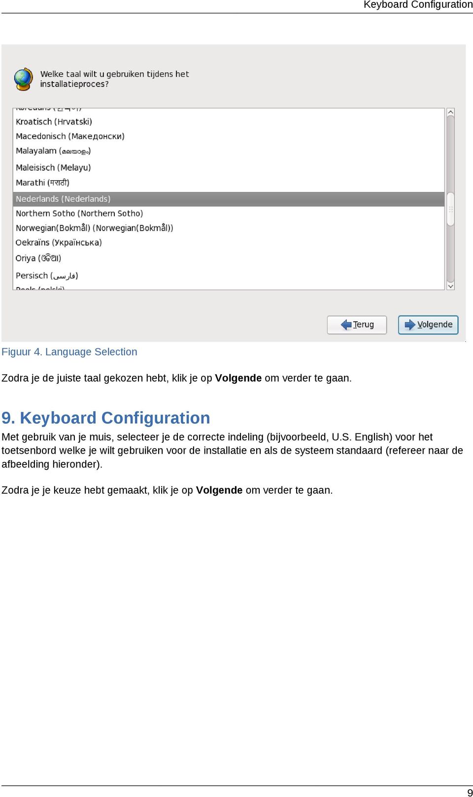 Keyboard Configuration Met gebruik van je muis, selecteer je de correcte indeling (bijvoorbeeld, U.S.