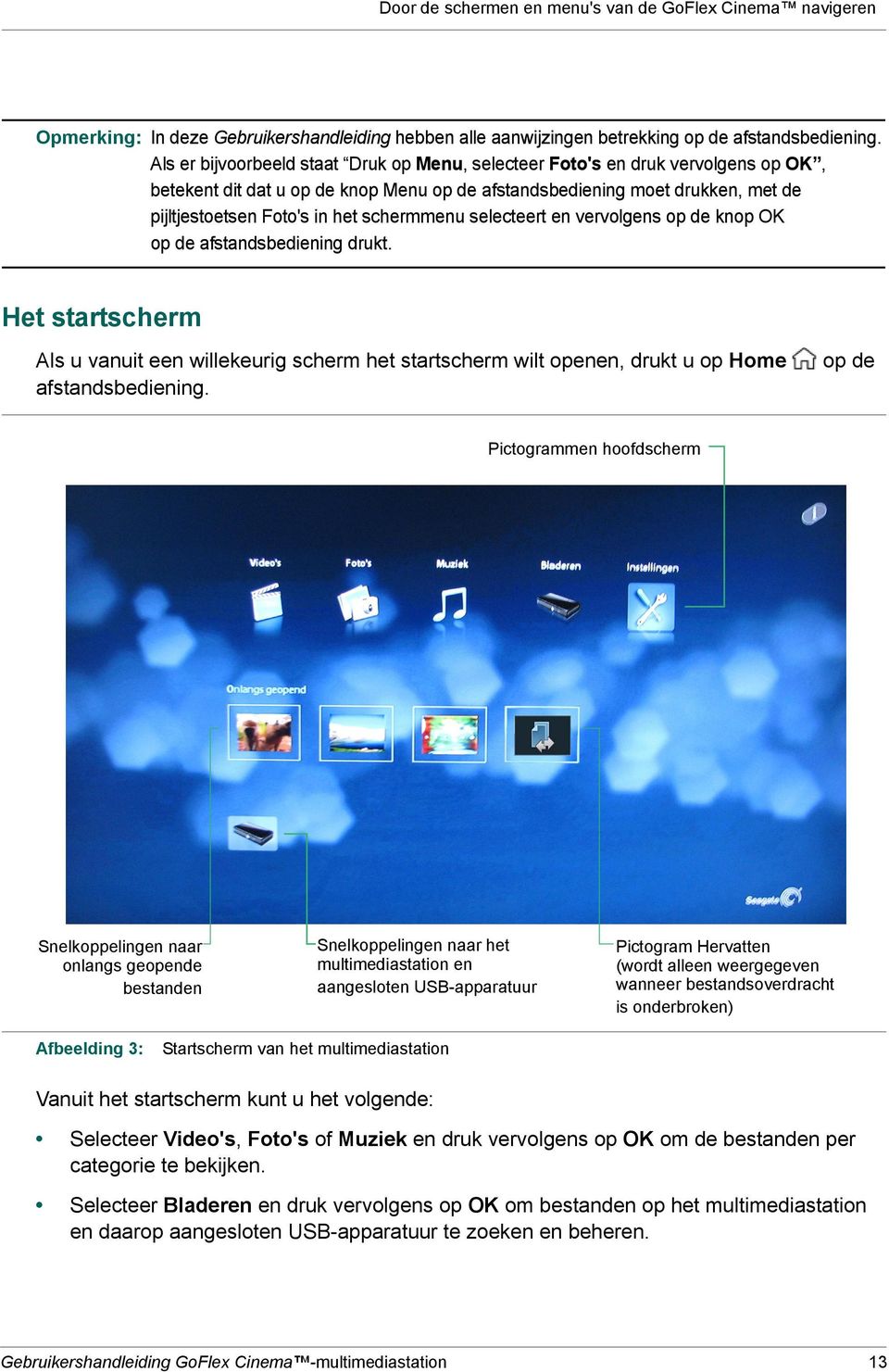 schermmenu selecteert en vervolgens op de knop OK op de afstandsbediening drukt. Het startscherm Als u vanuit een willekeurig scherm het startscherm wilt openen, drukt u op Home afstandsbediening.