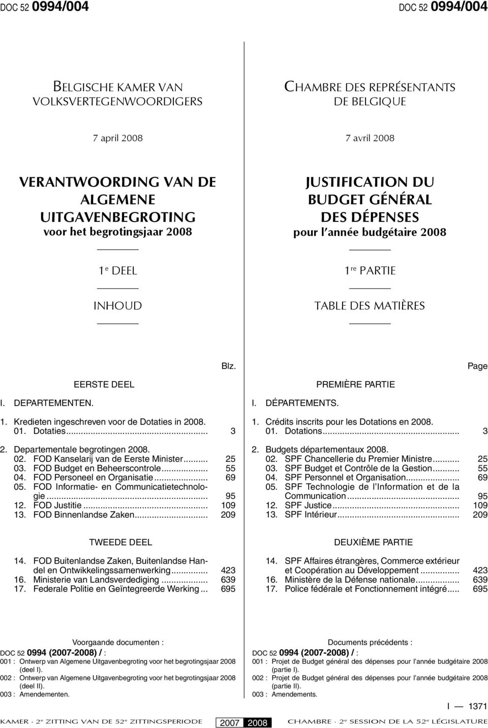 1. Kredieten ingeschreven voor de Dotaties in 2008. 01. Dotaties... 3 1. Crédits inscrits pour les Dotations en 2008. 01. Dotations... 3 2. Departementale begrotingen 2008. 02.