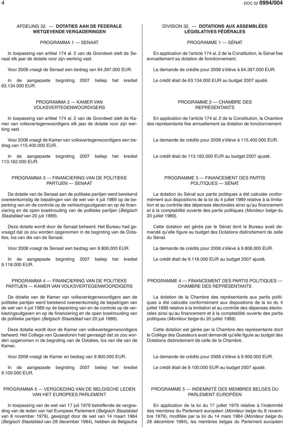 000 EUR. DIVISION 32. DOTATIONS AUX ASSEMBLÉES LÉGISLATIVES FÉDÉRALES PROGRAMME 1 SÉNAT En application de l article 174 al.