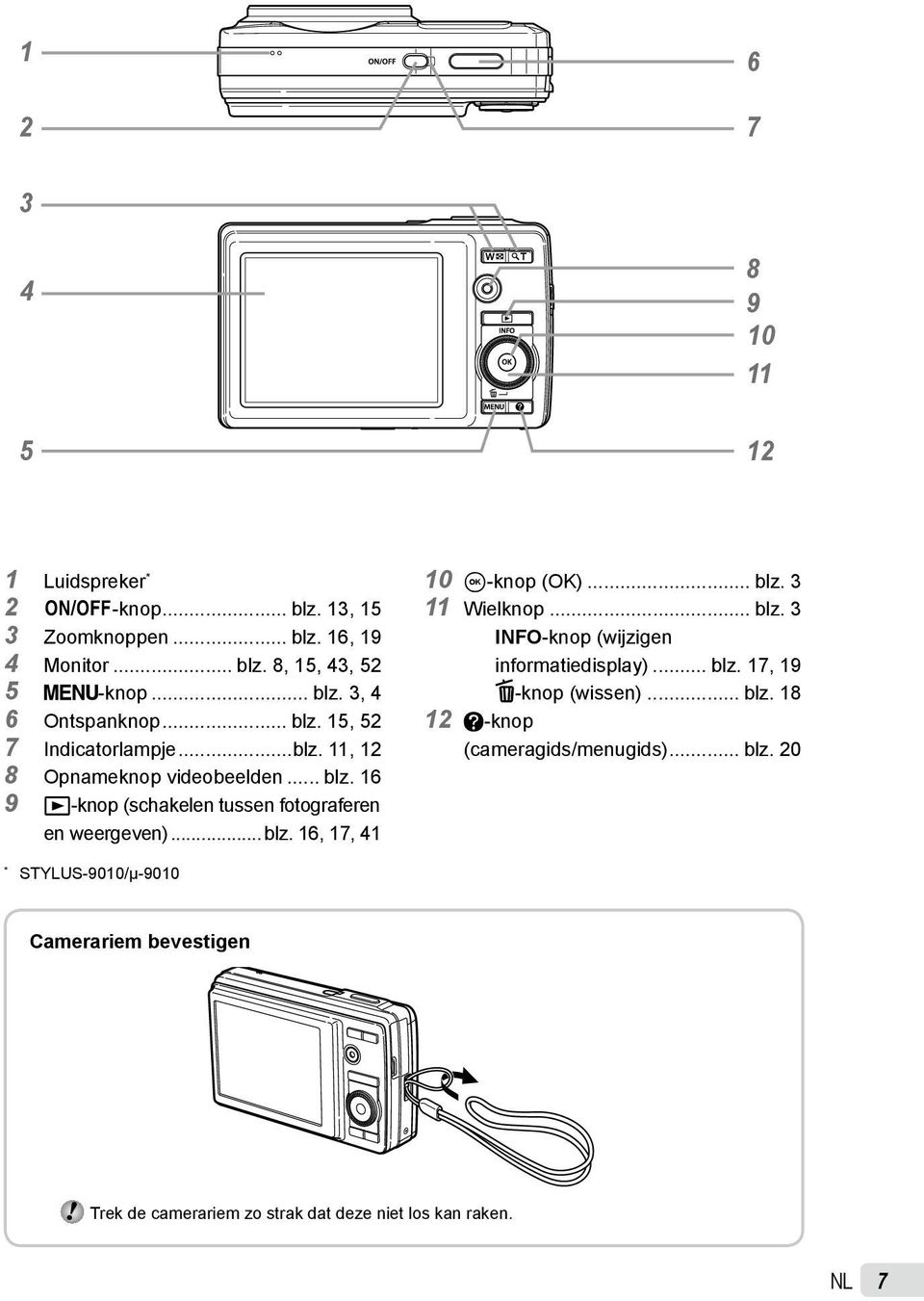 .. blz. 3 11 Wielknop... blz. 3 INFO-knop (wijzigen informatiedisplay)... blz. 17, 19 D-knop (wissen)... blz. 18 12 E-knop (cameragids/menugids).