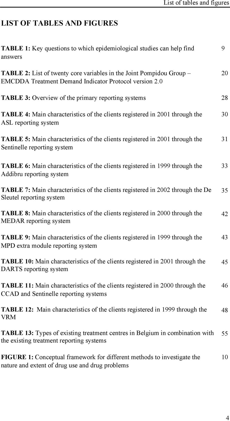 0 9 20 TABLE 3: Overview of the primary reporting systems 28 TABLE 4: Main characteristics of the clients registered in 2001 through the ASL reporting system TABLE 5: Main characteristics of the