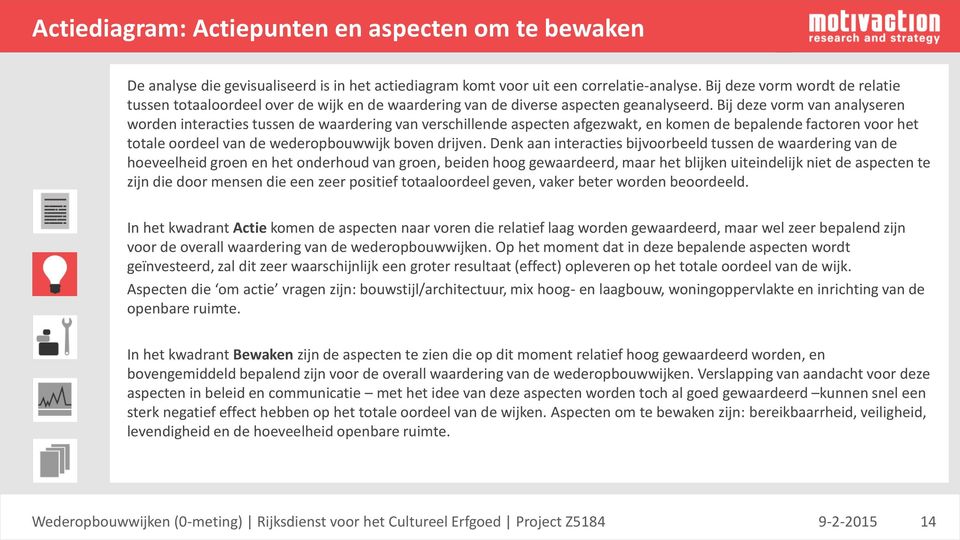 Bij deze vorm van analyseren worden interacties tussen de waardering van verschillende aspecten afgezwakt, en komen de bepalende factoren voor het totale oordeel van de wederopbouwwijk boven drijven.