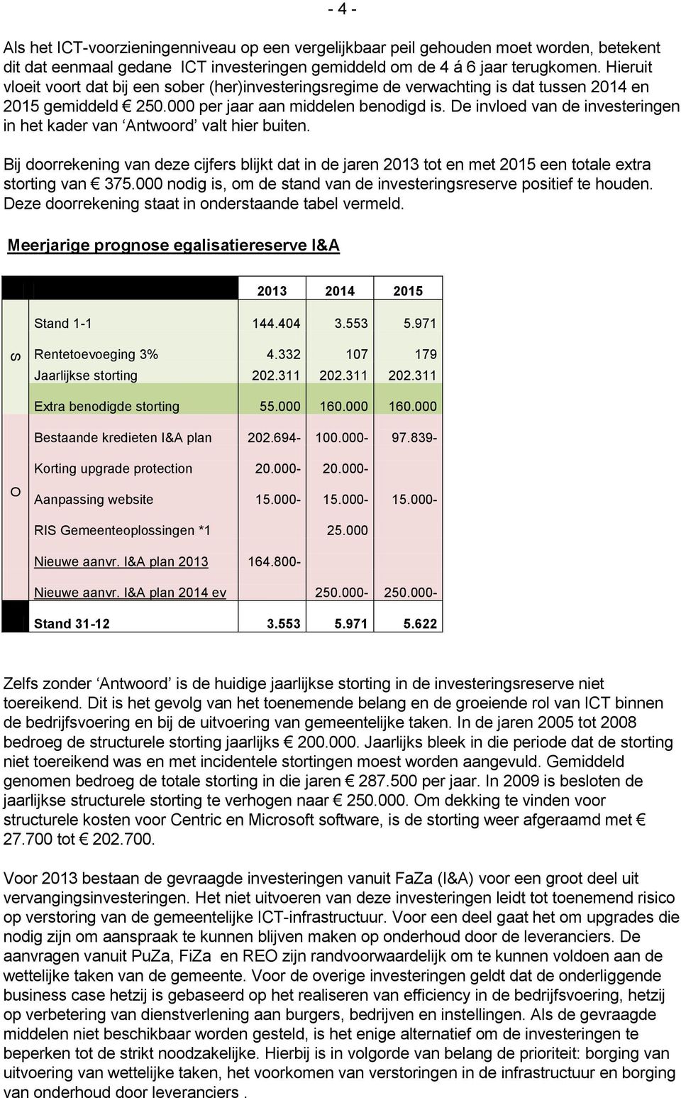 De invloed van de investeringen in het kader van Antwoord valt hier buiten. Bij doorrekening van deze cijfers blijkt dat in de jaren 2013 tot en met 2015 een totale extra storting van 375.