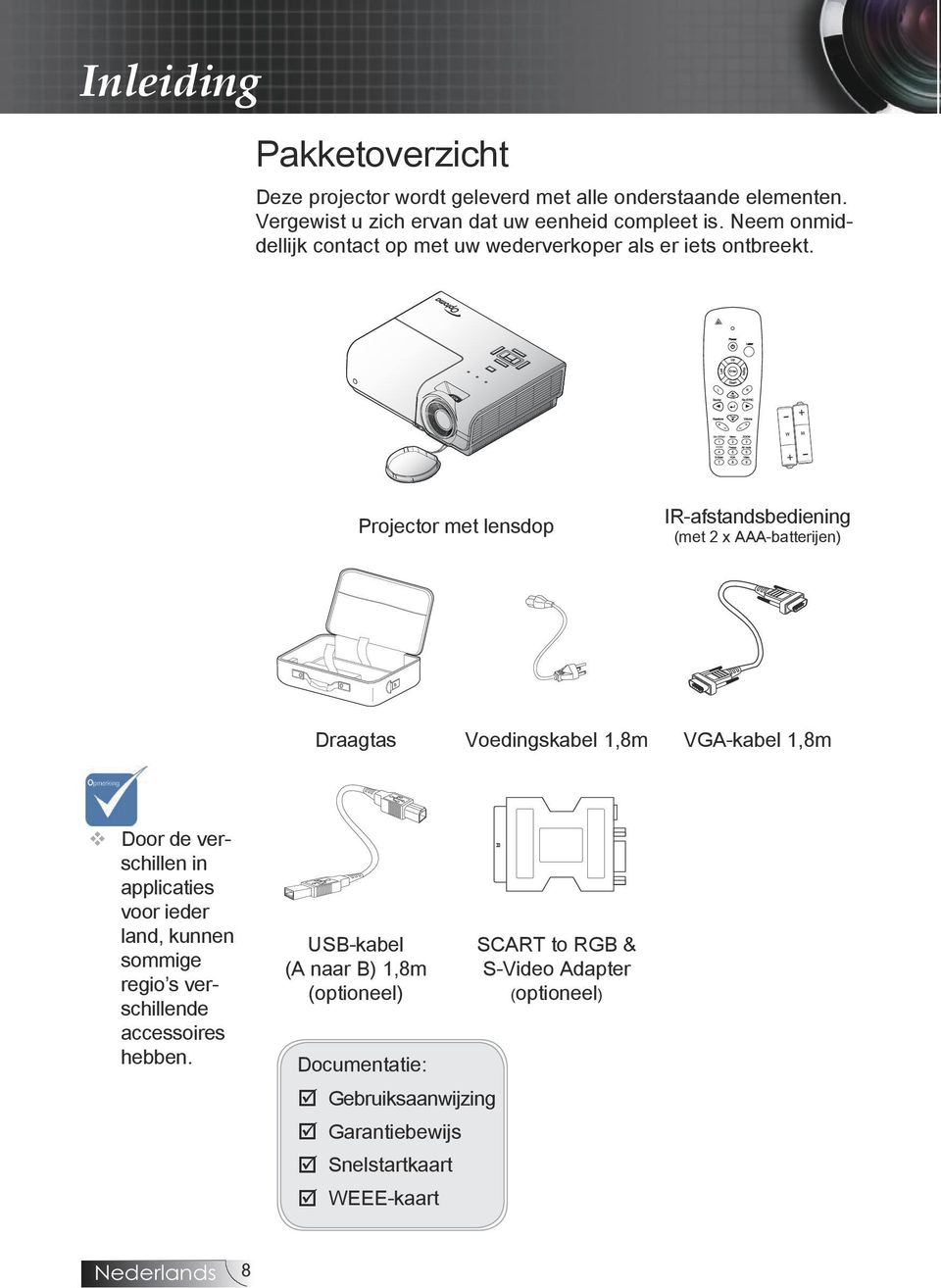 Projector met lensdop IR-afstandsbediening (met 2 x AAA-batterijen) Draagtas Voedingskabel 1,8m VGA-kabel 1,8m opmerking v Door de verschillen in