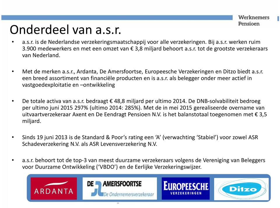 s.r. bedraagt 48,8 miljard per ultimo 2014. De DNB-solvabiliteit bedroeg per ultimo juni2015 297% (ultimo 2014: 285%).