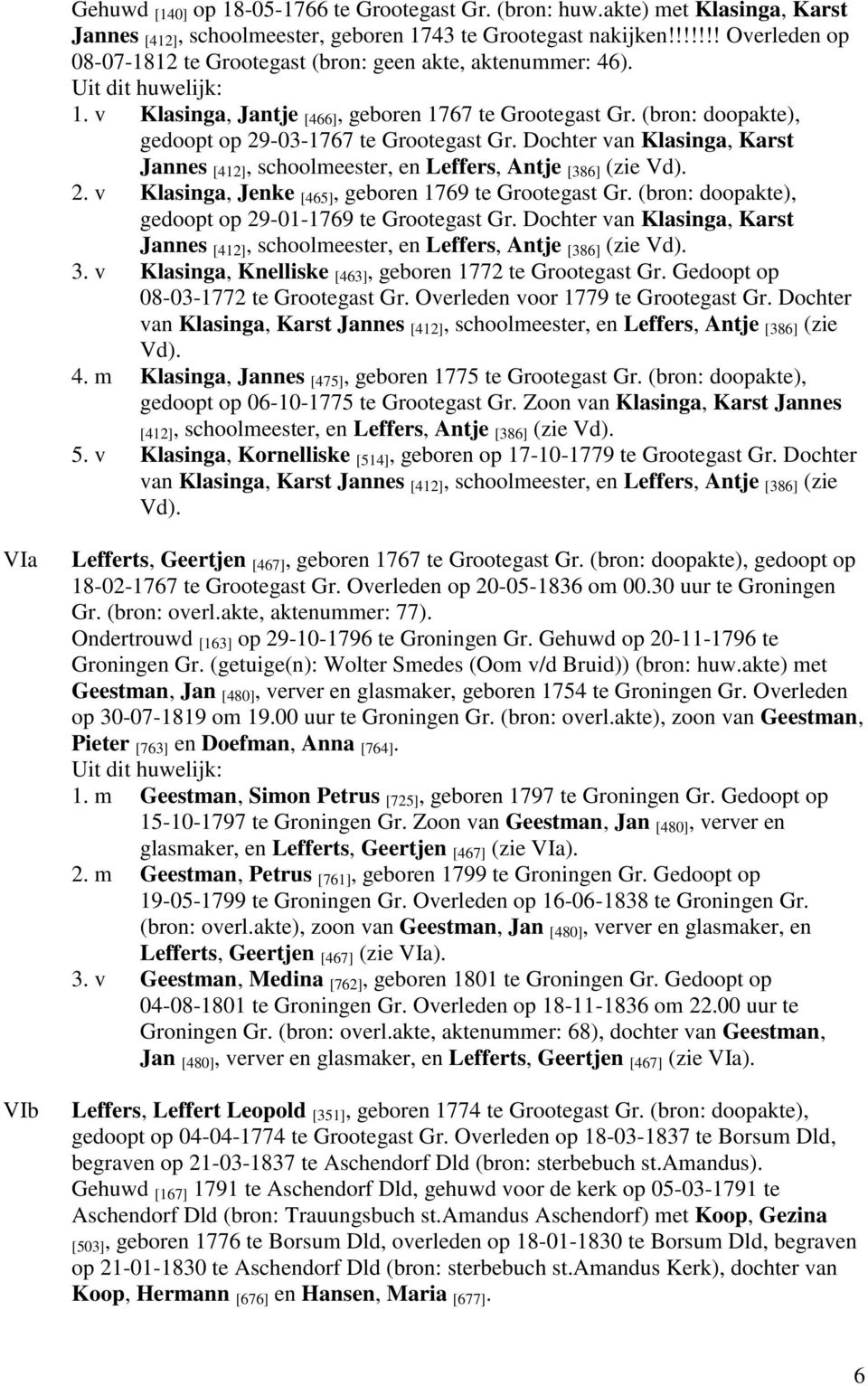 Dochter van Klasinga, Karst Jannes [412], schoolmeester, en Leffers, Antje [386] (zie Vd). 2. v Klasinga, Jenke [465], geboren 1769 te Grootegast Gr.