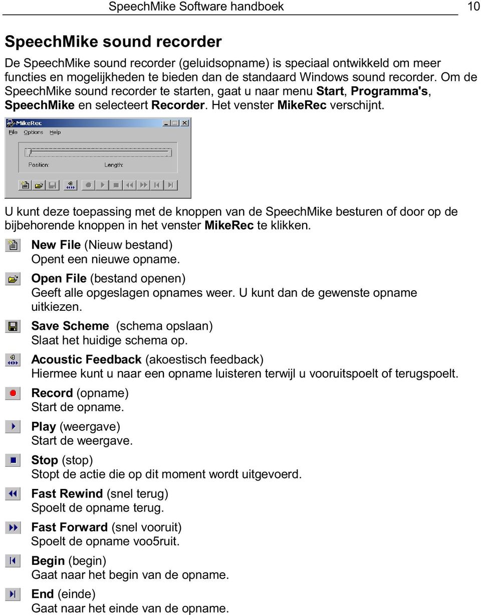 U kunt deze toepassing met de knoppen van de SpeechMike besturen of door op de bijbehorende knoppen in het venster MikeRec te klikken. New File (Nieuw bestand) Opent een nieuwe opname.