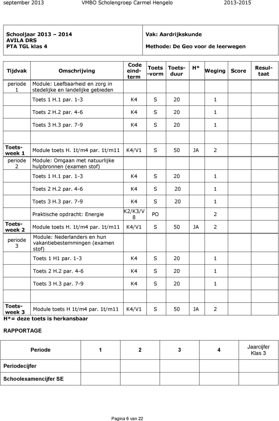 t/m K4/V S 50 JA Module: Omgaan met natuurlijke hulpbronnen (examen stof) Toets H. par. - K4 S 0 Toets H. par. 4-6 K4 S 0 Toets H. par. 7-9 K4 S 0 Praktische opdracht: Energie K/K/V 8 PO Module toets H.