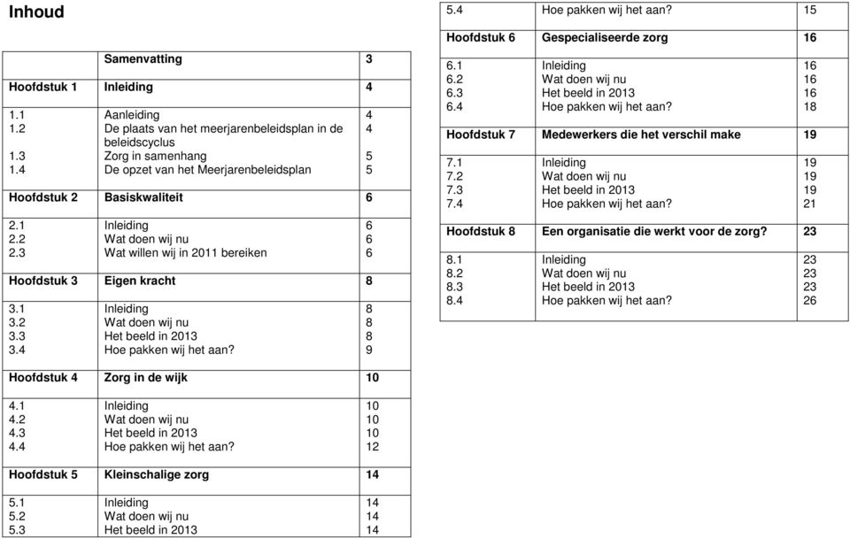 3 Inleiding Wat doen wij nu Wat willen wij in 2011 bereiken Hoofdstuk 3 Eigen kracht 8 3.1 3.2 3.3 3.4 Inleiding Wat doen wij nu Het beeld in 2013 Hoe pakken wij het aan? 4 4 5 5 6 6 6 8 8 8 9 5.