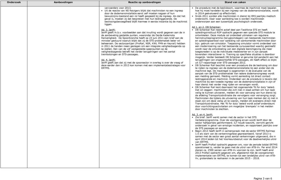 Als dat het geval is, moeten zij dat bespreken met hun leidinggevende. De beslissingsbevoegdheid blijft hiermee in eerste instantie bij de machinist liggen. Ad. 3. IenM: IenM geeft m.b.v. voorbeelden aan dat invulling wordt gegeven aan de in de aanbeveling gestelde punten, waaronder de Derde Kadernota Railveiligheid.