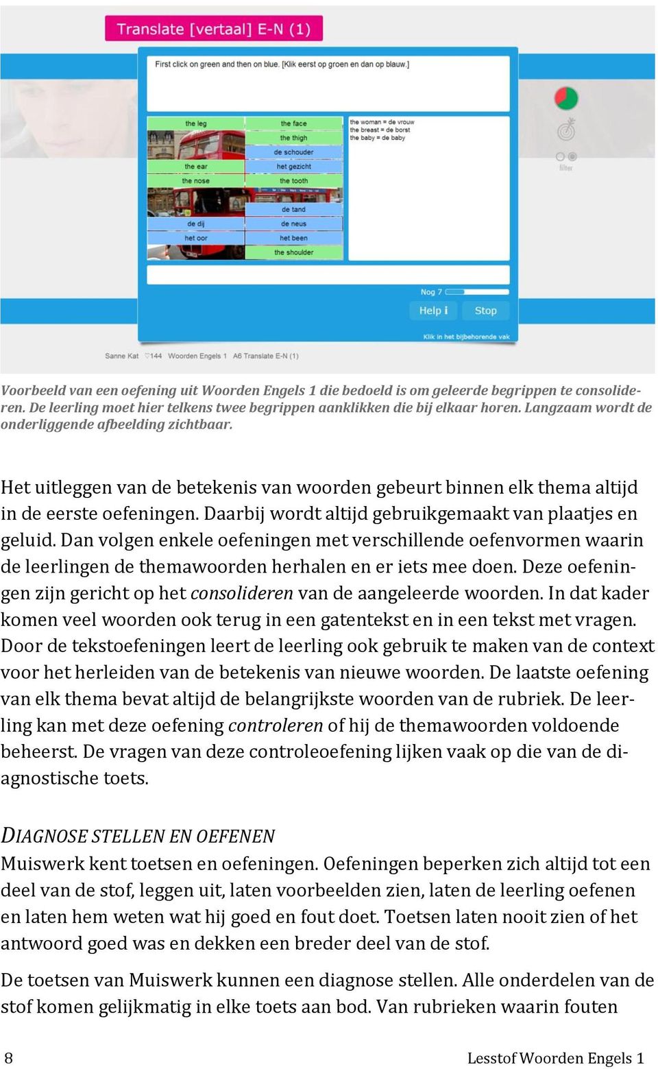 Daarbij wordt altijd gebruikgemaakt van plaatjes en geluid. Dan volgen enkele oefeningen met verschillende oefenvormen waarin de leerlingen de themawoorden herhalen en er iets mee doen.