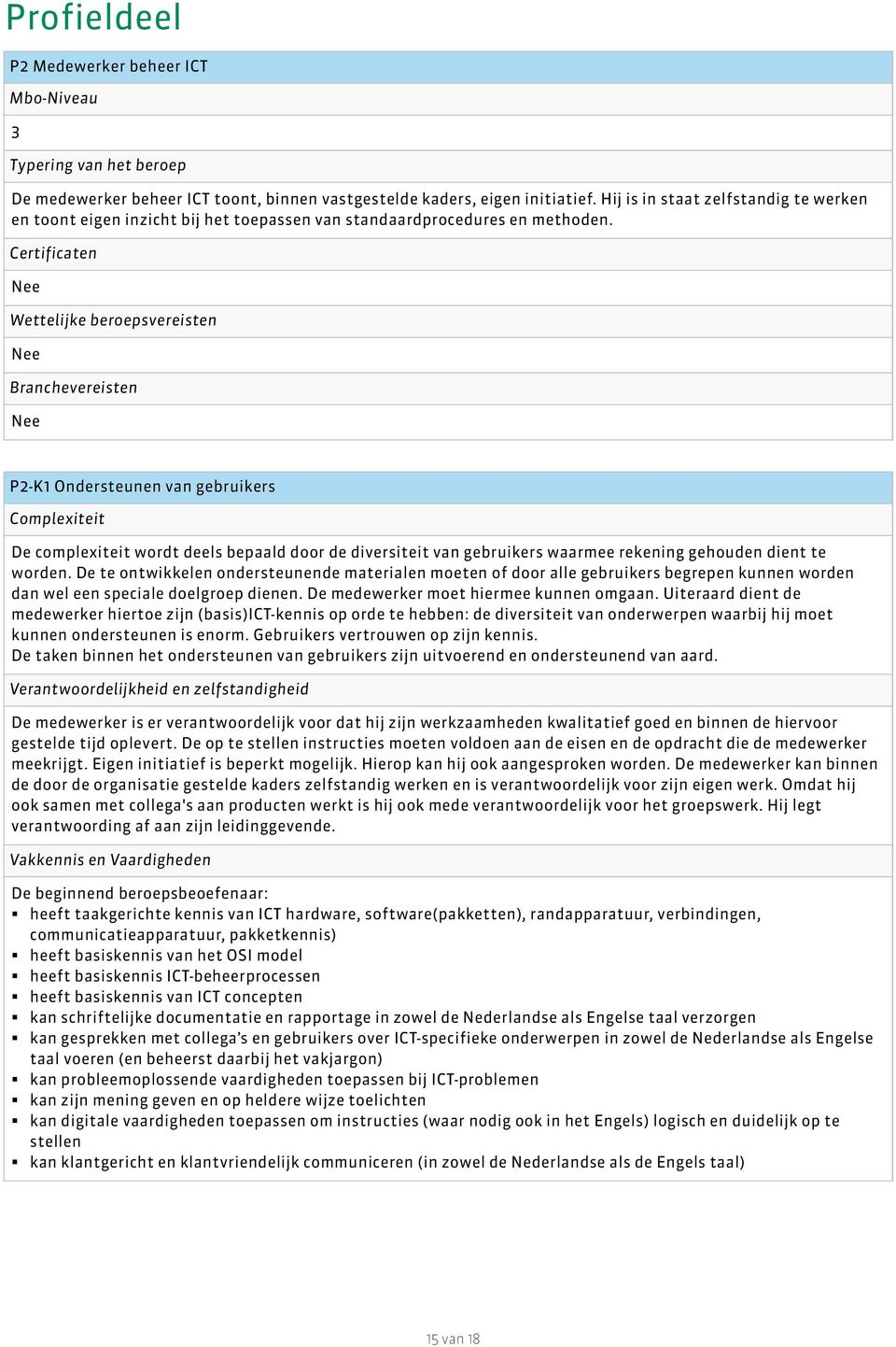 Certificaten Nee Wettelijke beroepsvereisten Nee Branchevereisten Nee P2-K1 Ondersteunen van gebruikers Complexiteit De complexiteit wordt deels bepaald door de diversiteit van gebruikers waarmee