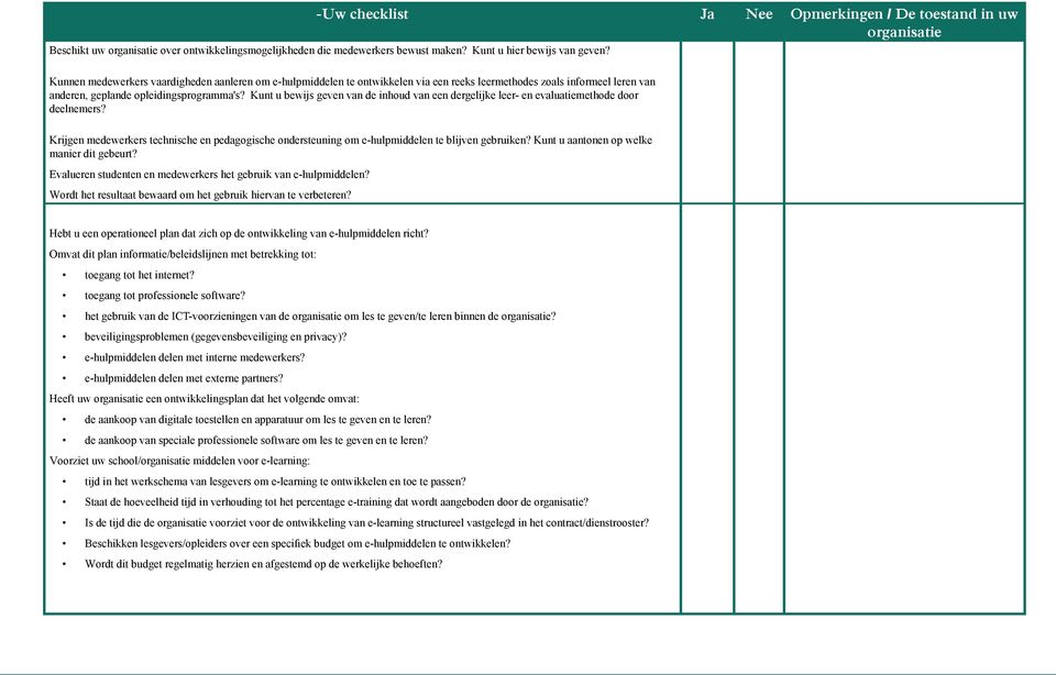 Kunt u bewijs geven van de inhoud van een dergelijke leer- en evaluatiemethode door deelnemers? Krijgen medewerkers technische en pedagogische ondersteuning om e-hulpmiddelen te blijven gebruiken?