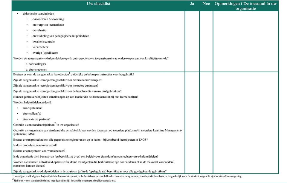 door studenten Bestaan er voor de aangemaakte leerobjecten 1 duidelijke en beknopte instructies voor hergebruik? Zijn de aangemaakte leerobjecten geschikt voor diverse leerervaringen?