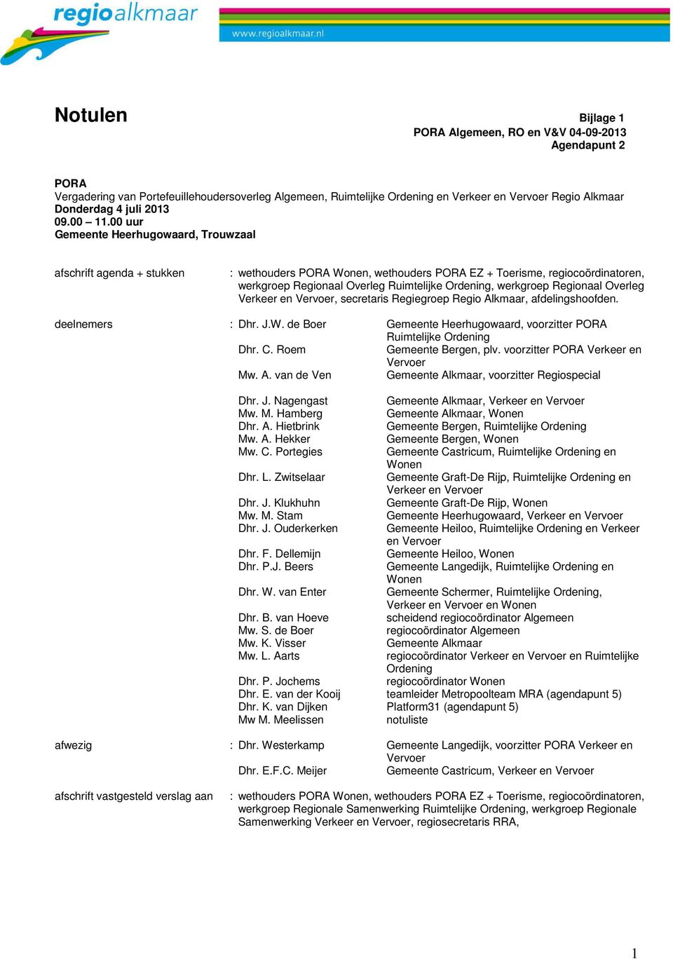 00 uur Gemeente Heerhugowaard, Trouwzaal afschrift agenda + stukken : wethouders PORA Wonen, wethouders PORA EZ + Toerisme, regiocoördinatoren, werkgroep Regionaal Overleg Ruimtelijke Ordening,