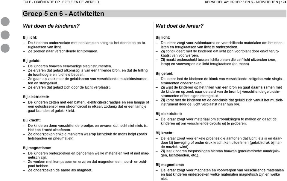 Ze ervaren dat geluid afkomstig is van een trillende bron, en dat de trilling de toonhoogte en luidheid bepaalt. Ze gaan op zoek naar de geluidsbron van verschillende muziekinstrumenten en stemgeluid.