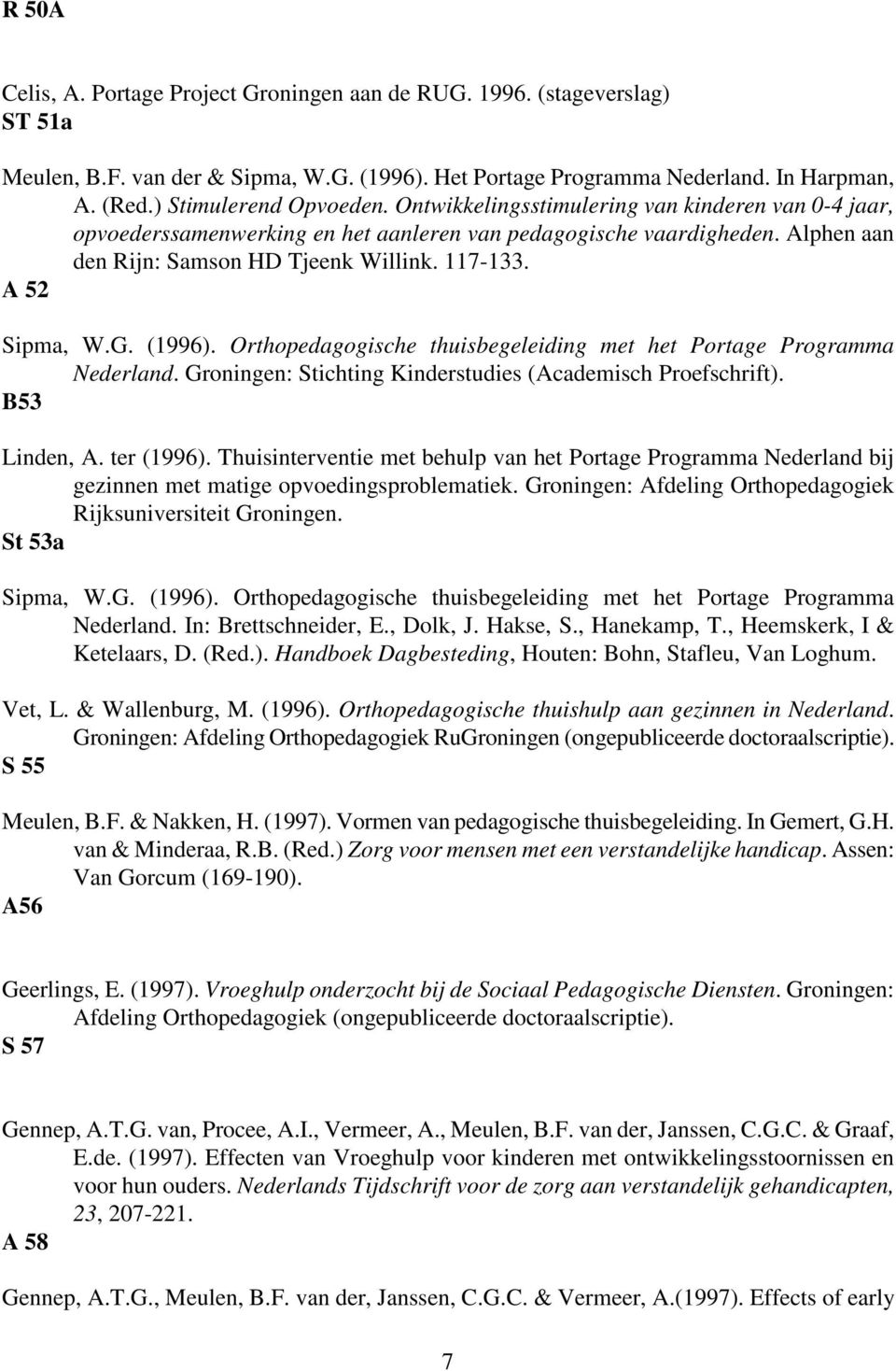 A 52 Sipma, W.G. (1996). Orthopedagogische thuisbegeleiding met het Portage Programma Nederland. Groningen: Stichting Kinderstudies (Academisch Proefschrift). B53 Linden, A. ter (1996).