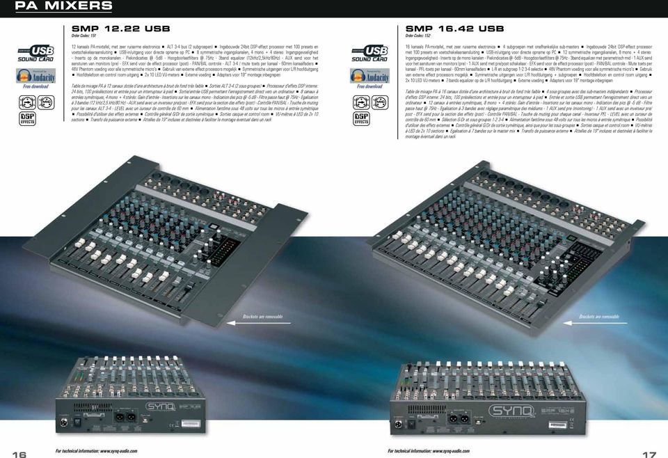 USB-in/uitgang voor directe opname op PC < 8 symmetrische ingangskanalen, 4 mono + 4 stereo: Ingangsgevoeligheid - Inserts op de monokanalen - Piekindicaties @ -5dB - Hoogdoorlaatfilters @ 75Hz -