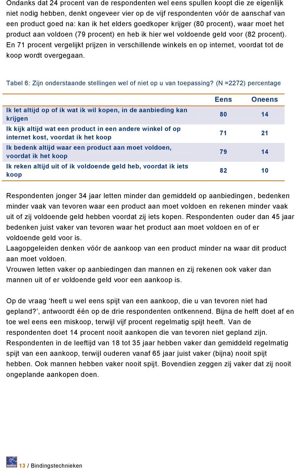 En 71 procent vergelijkt prijzen in verschillende winkels en op internet, voordat tot de koop wordt overgegaan. Tabel 6: Zijn onderstaande stellingen wel of niet op u van toepassing?