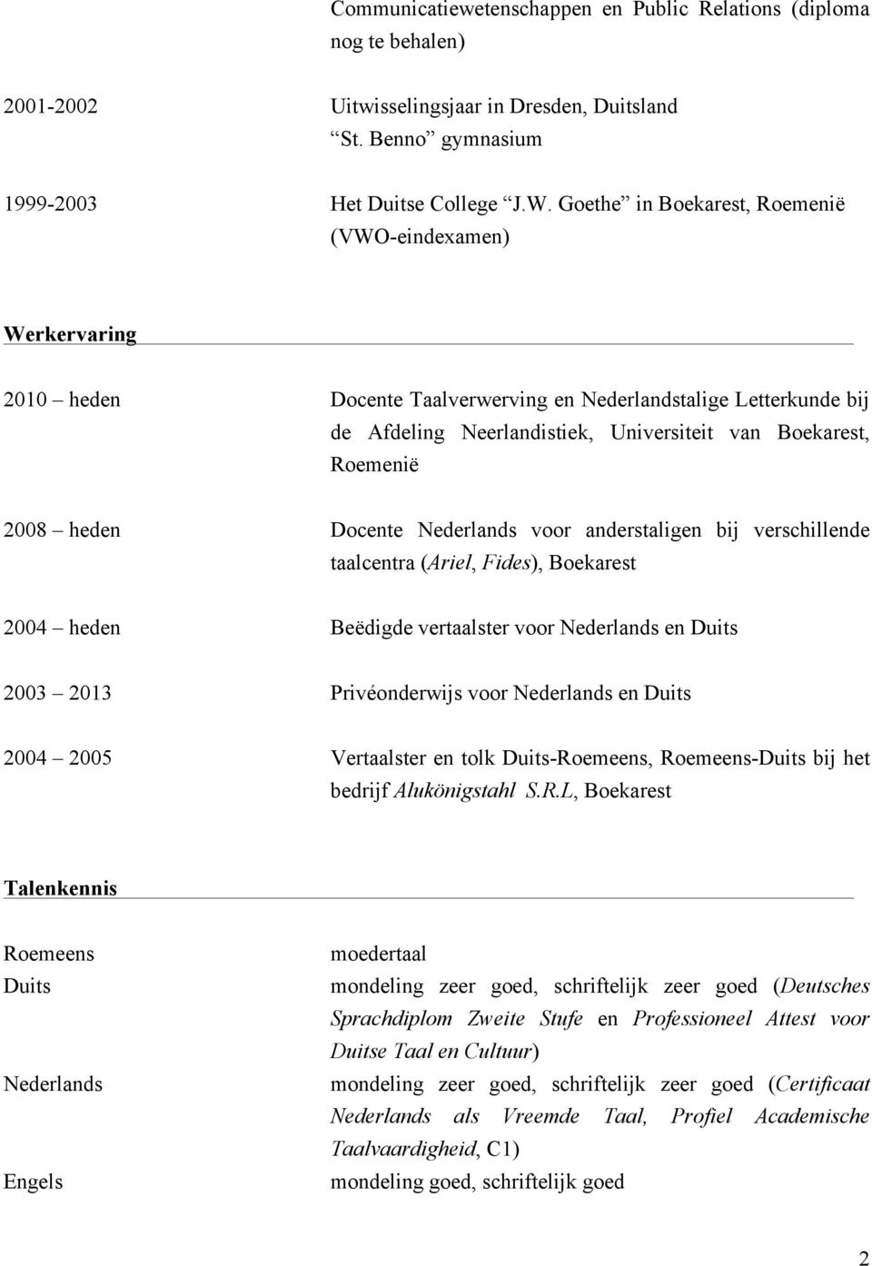 heden Docente Nederlands voor anderstaligen bij verschillende taalcentra (Ariel, Fides), Boekarest 2004 heden Beëdigde vertaalster voor Nederlands en Duits 2003 2013 Privéonderwijs voor Nederlands en