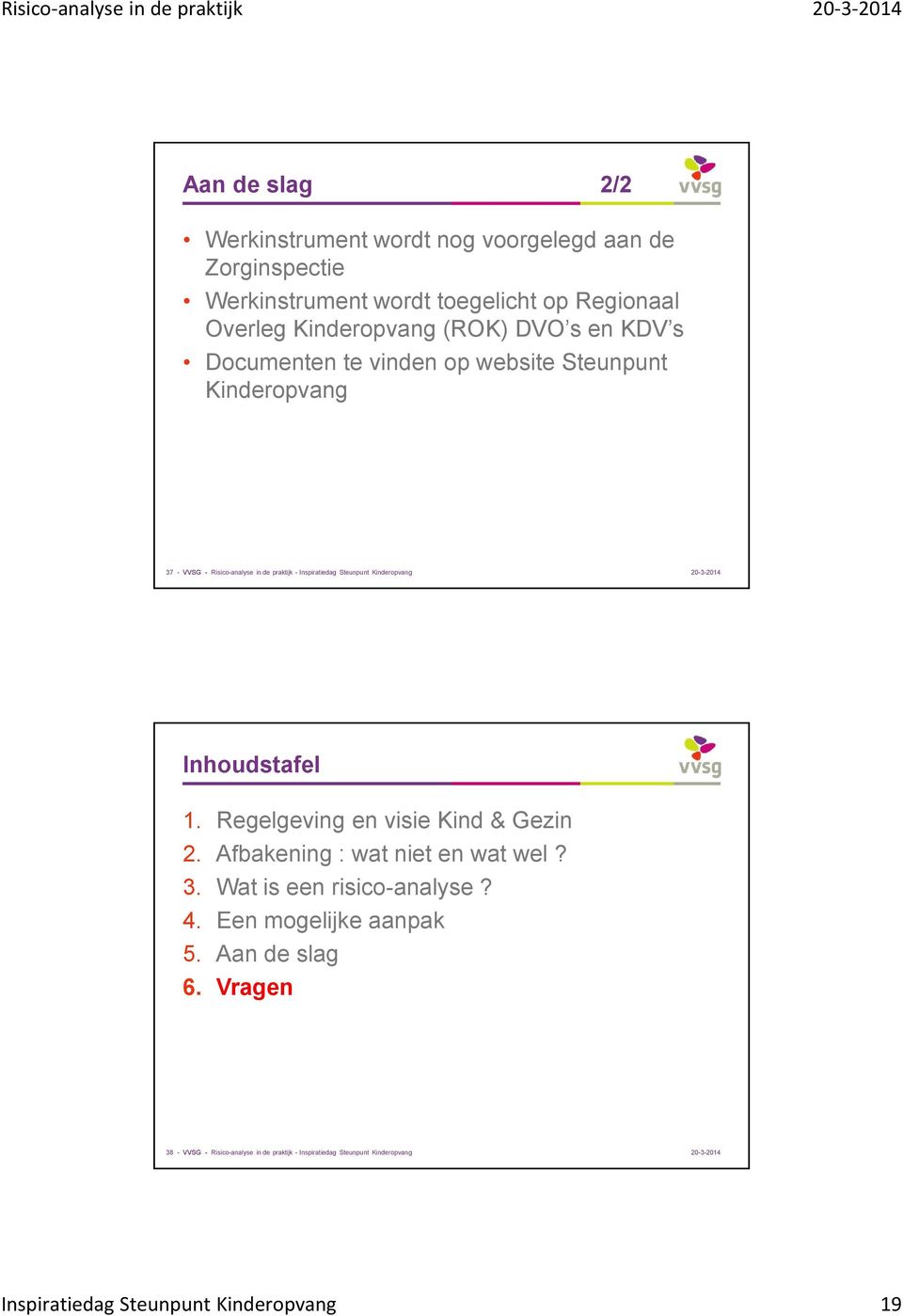 Inspiratiedag Steunpunt Kinderopvang Inhoudstafel 1. Regelgeving en visie Kind & Gezin 2. Afbakening : wat niet en wat wel? 3. Wat is een risico-analyse?