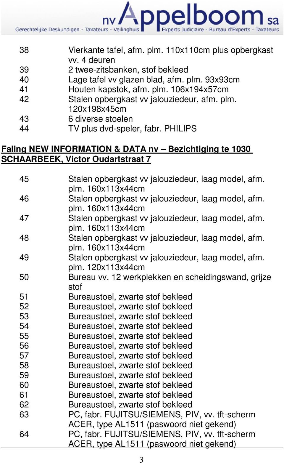 PHILIPS Faling NEW INFORMATION & DATA nv Bezichtiging te 1030 SCHAARBEEK, Victor Oudartstraat 7 45 Stalen opbergkast vv jalouziedeur, laag model, afm. plm.