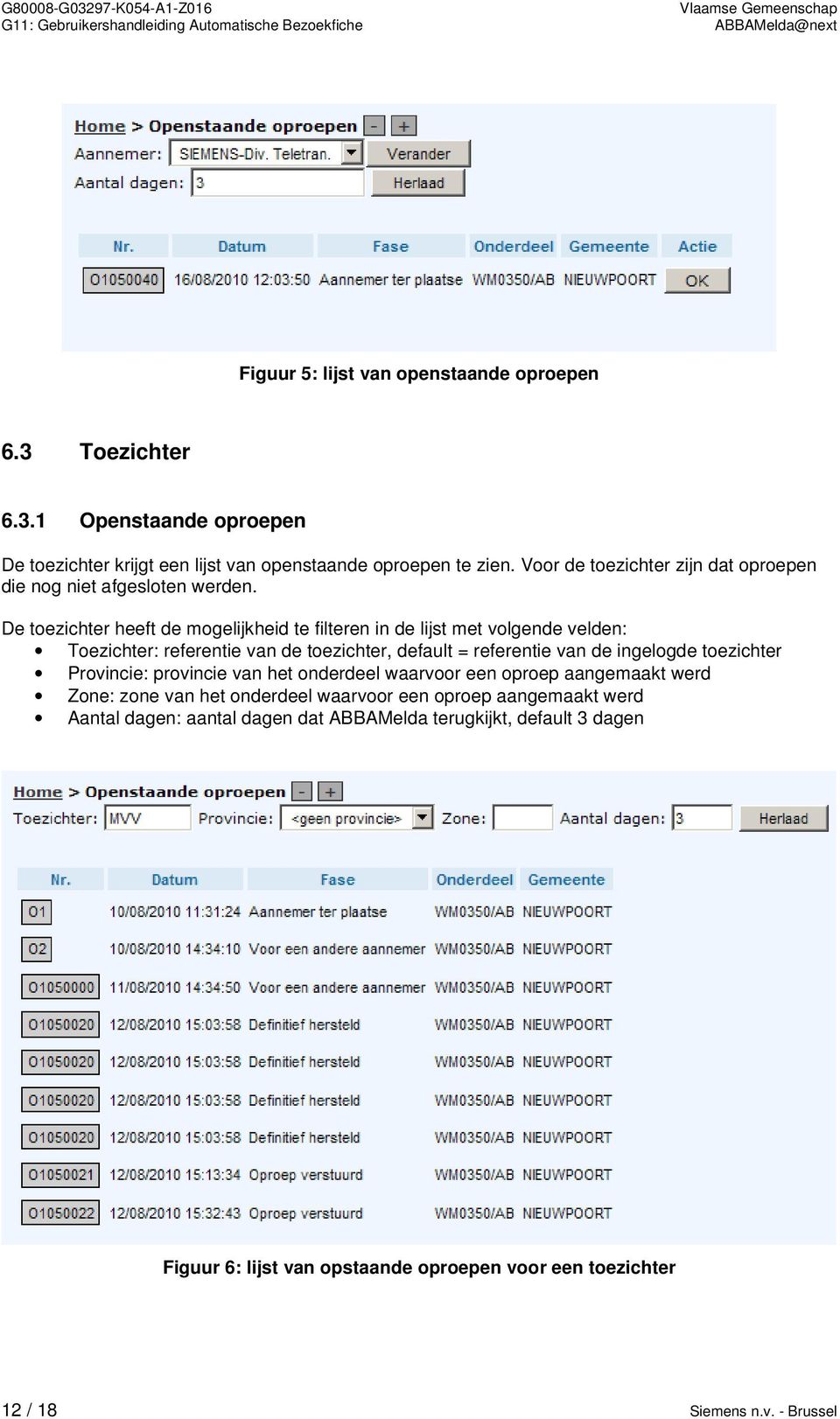 De toezichter heeft de mogelijkheid te filteren in de lijst met volgende velden: Toezichter: referentie van de toezichter, default = referentie van de ingelogde toezichter Provincie: provincie van